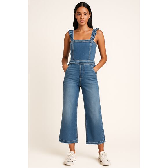 Blank NYC Denim Overalls Women’s Size 29 Blue Wide Leg Cropped Jumpsuit Raw Hem - Picture 1 of 11